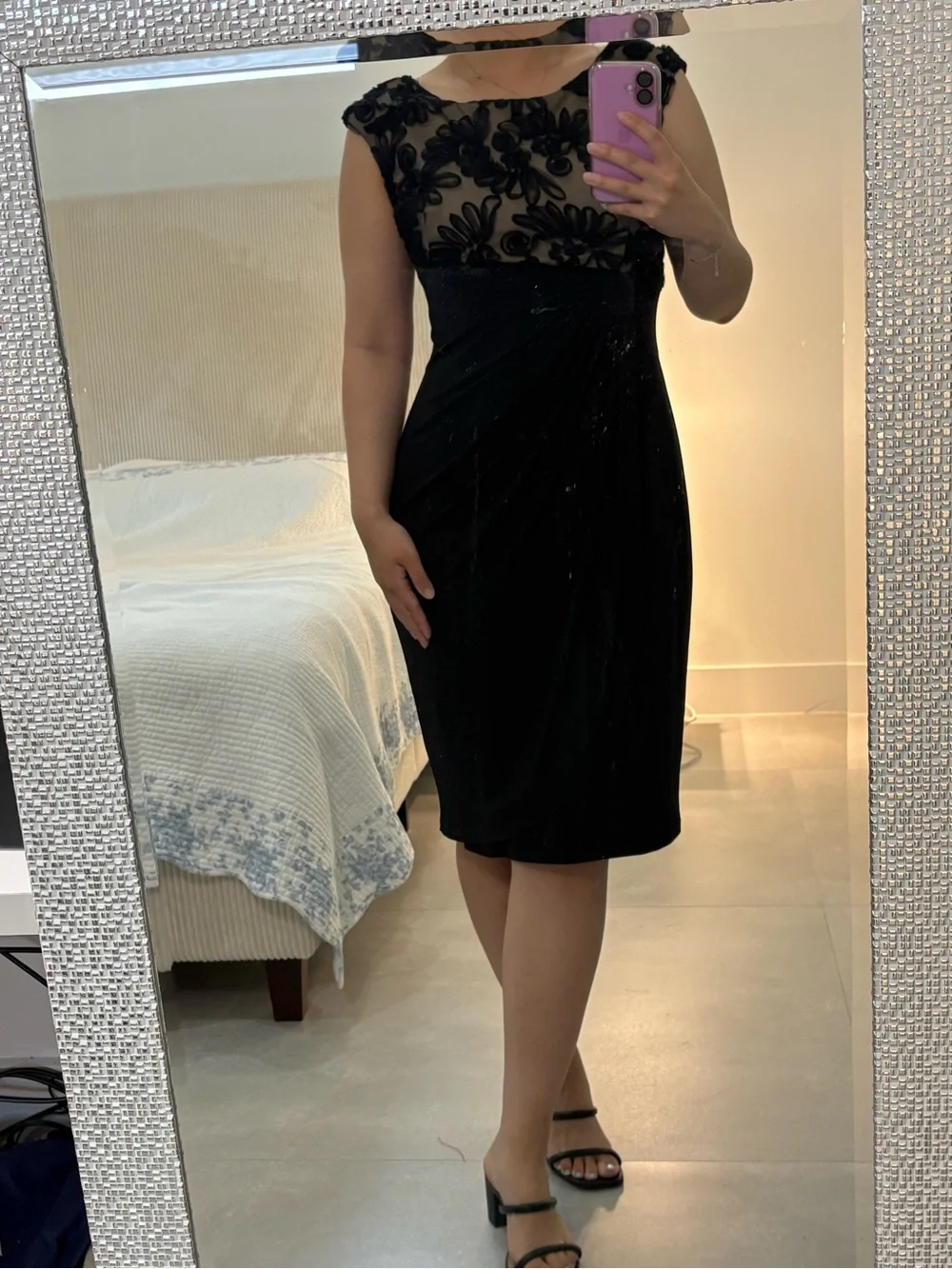Elegant Black Sheer Floral Appliqué Cocktail Dress
